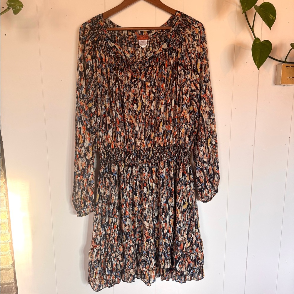 Scully Long Sleeve Feather-Print Smocked Waist Dress - Navy, Rust, Cream